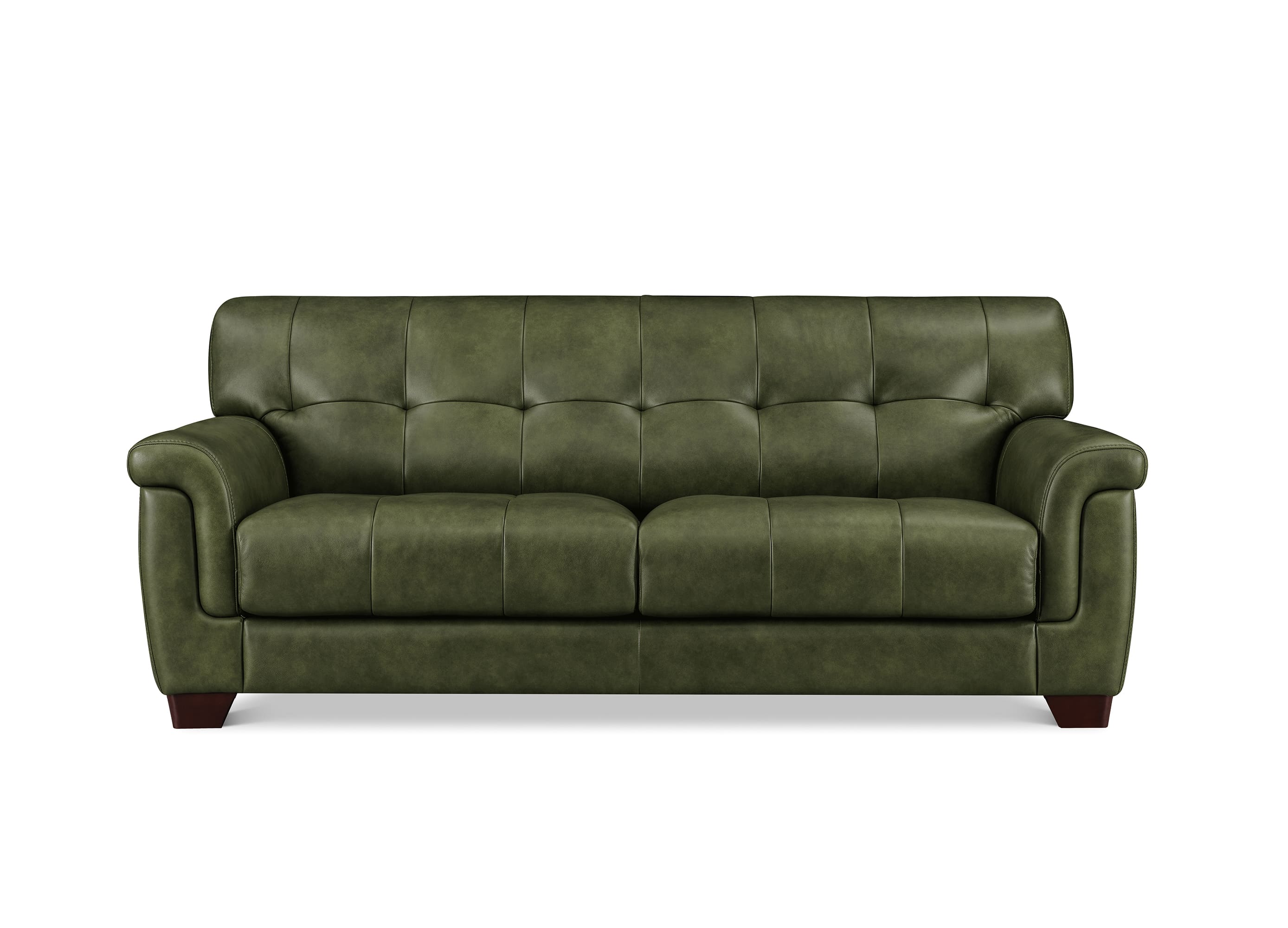 An olive green tufted leather loveseat sofa with rolled arms and dark wooden feet, shown against a plain white background.