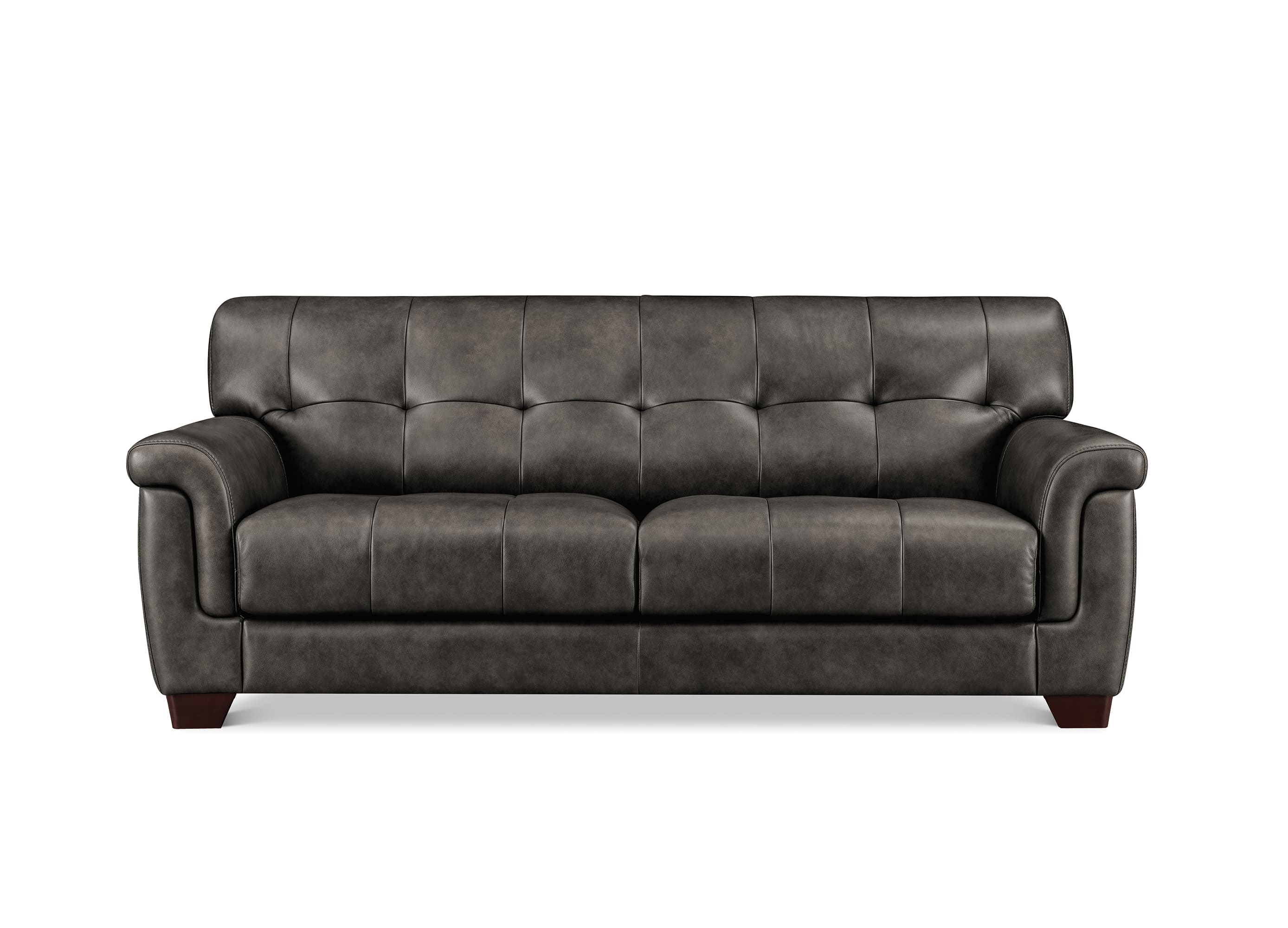 A brown leather loveseat sofa with a tufted backrest and seat cushions, shown from the front on a plain white background.