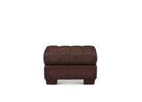 A dark brown tufted leather ottoman with a rectangular shape and block feet, shown against a plain white background.