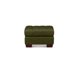An olive green tufted leather ottoman with dark reddish-brown wooden legs, shown from the front against a plain white background.