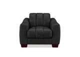 A modern black leather armchair with a segmented backrest and dark reddish-brown wooden legs, shown against a plain white background.