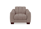 A light gray upholstered armchair with a segmented backrest and dark reddish-brown wooden legs, shown against a plain white background.