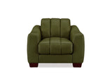 An olive green upholstered armchair with a segmented backrest and dark reddish-brown wooden feet, shown against a plain white background.