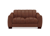 A brown leather loveseat sofa with vertical channel tufting on the backrest and seat, shown against a plain white background.