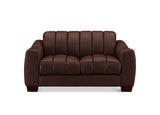 A modern black leather loveseat sofa with vertical channel tufting on the backrest and seat cushions, supported by dark reddish-brown wooden legs, shown against a plain white background.