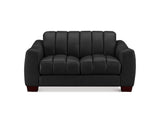 A modern black leather loveseat sofa with vertical channel tufting on the backrest and seat cushions, supported by dark reddish-brown wooden legs, shown against a plain white background.