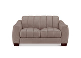 A two-seater loveseat sofa upholstered in taupe fabric with vertical channel tufting on the backrest and seat cushions, supported by dark brown wooden legs, shown against a plain white background.