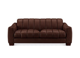 A dark brown leather loveseat sofa with vertical channel tufting on the backrest and seat cushions, shown from a front-facing perspective against a plain white background.