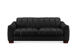 A modern black leather loveseat sofa with vertical channel tufting on the backrest and seat, featuring dark wood legs, shown against a plain white background.