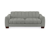 A modern three-seater sofa upholstered in light gray fabric with vertical channel tufting on the backrest and seat cushions, shown against a plain white background.