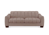 A modern three-seater sofa upholstered in a taupe-beige leather or faux leather, featuring vertical channel tufting on the backrest and seat cushions, with dark brown wooden legs, shown against a plain white background.