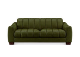 An olive green upholstered loveseat sofa with vertical channel tufting on the backrest and seat, shown against a plain white background.