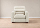 A cream-colored leather armchair with dark brown wooden legs, set against a neutral beige wall and light wood floor.