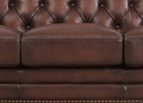 Close-up of a brown leather sofa with tufted backrest and nailhead trim.