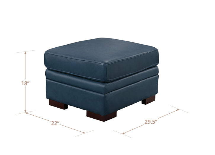 Blue ottoman with dimensions marked on a white background