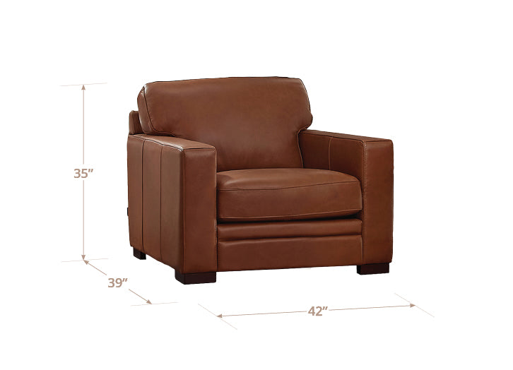 Brown leather armchair with dimensions on a white background