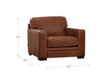 Brown leather armchair with dimensions on a white background