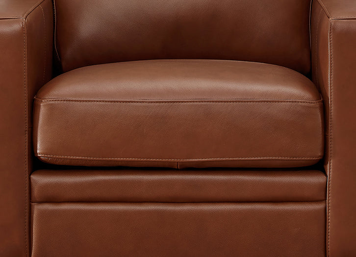 Close-up of a brown leather armchair