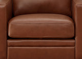 Close-up of a brown leather armchair