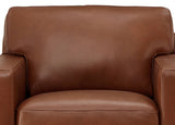 Brown leather sofa with a close-up view of the seat and backrest.