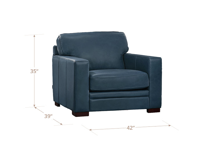 Blue armchair with dimensions on a white background