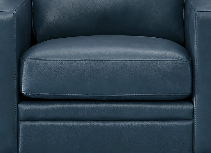 Close-up of a blue leather armchair