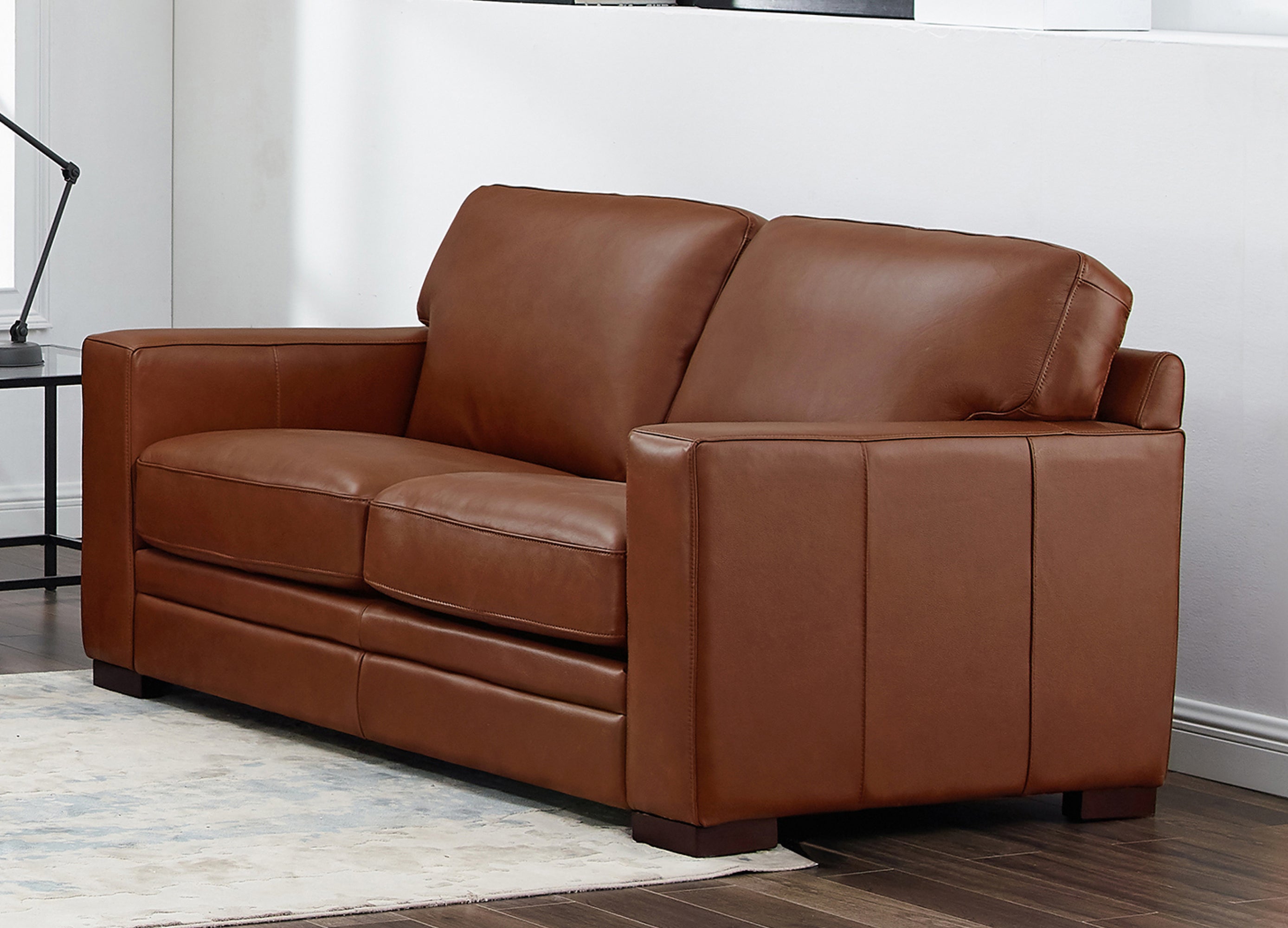 Brown leather sofa in a room with a lamp and rug.