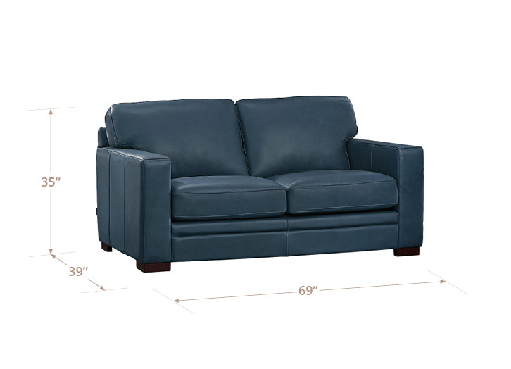 Blue sofa with dimensions labeled on a white background