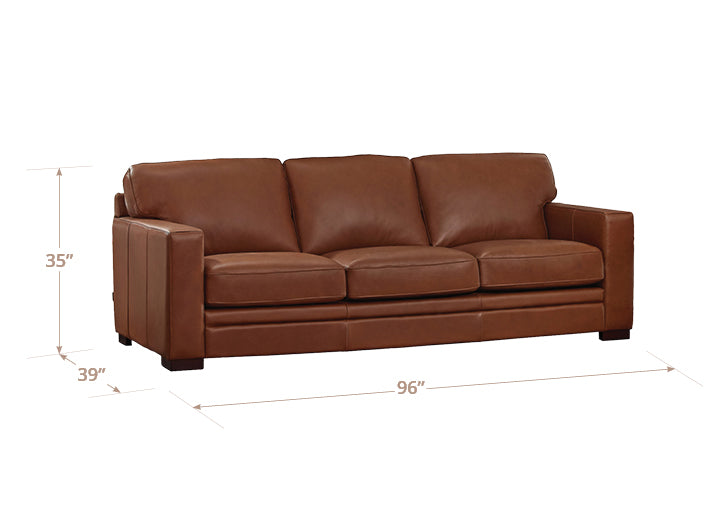 Brown leather sofa with dimensions on a white background