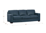 Blue sofa with dimensions labeled on a white background