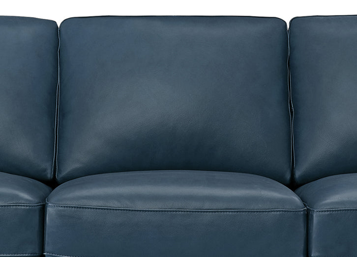 Close-up of a blue leather sofa