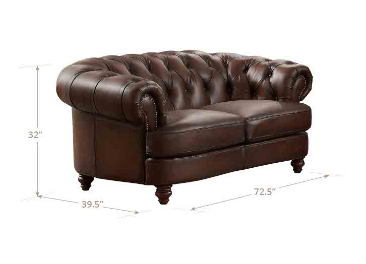 Brown leather sofa with dimensions on a white background
