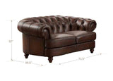 Brown leather sofa with dimensions on a white background