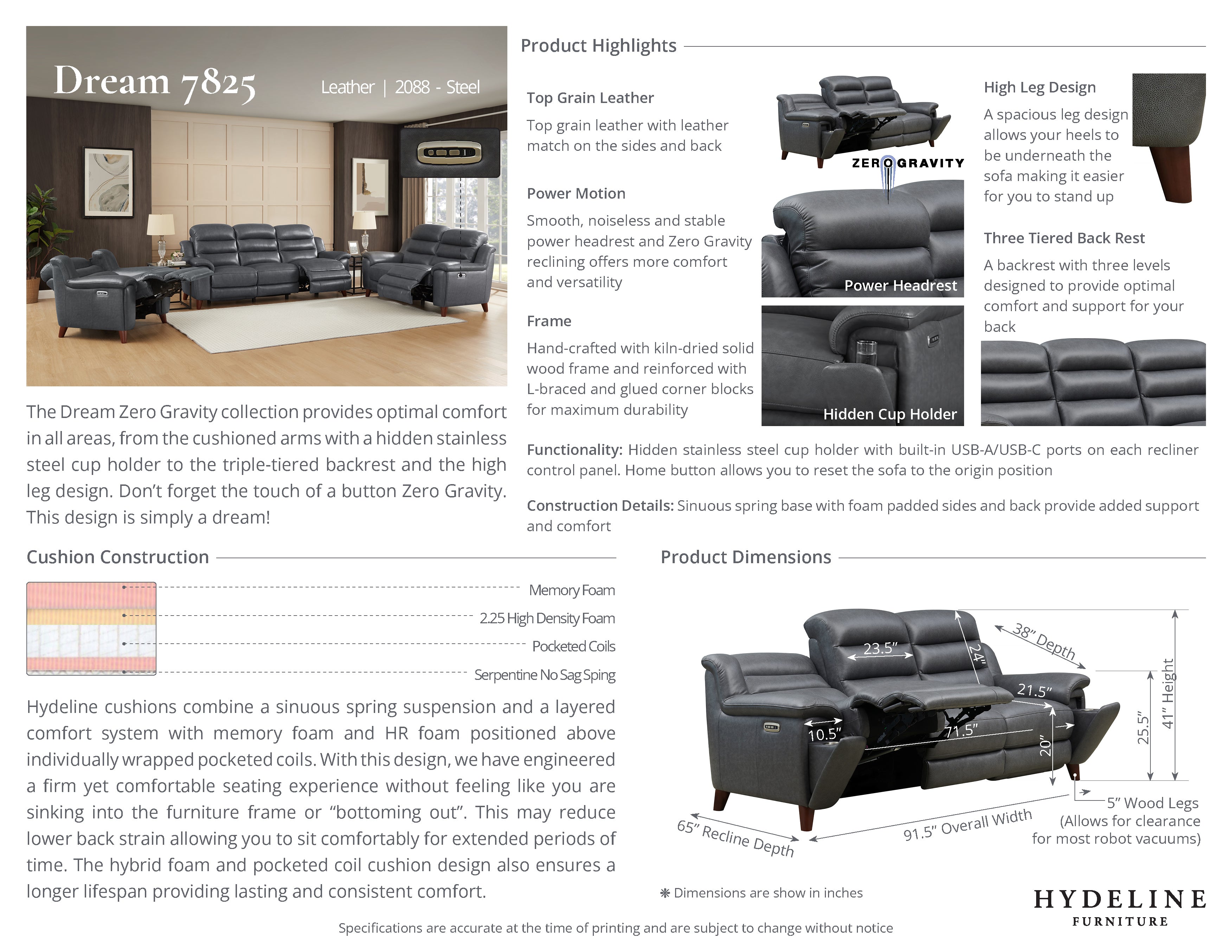 Hudson Power Headrest Zero Gravity Reclining Sofa Collection, Steel