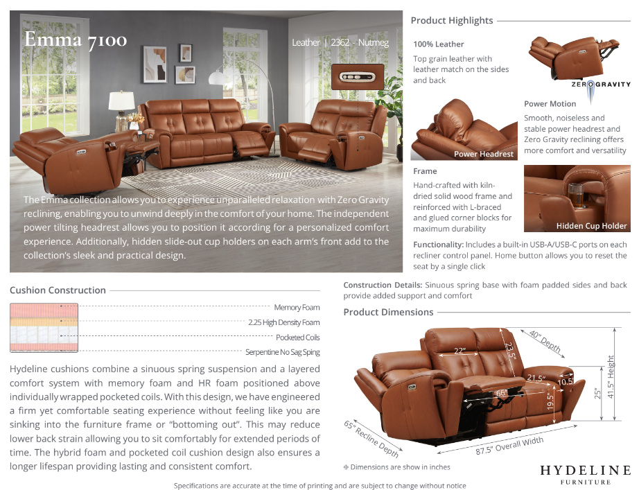 Emma Power Headrest Zero Gravity Reclining Sofa Collection, Nutmeg Brown