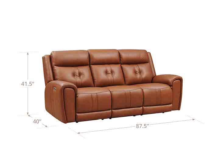 Brown leather sofa with dimensions on a white background