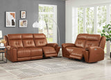Brown leather reclining sofa set in a living room with large windows.