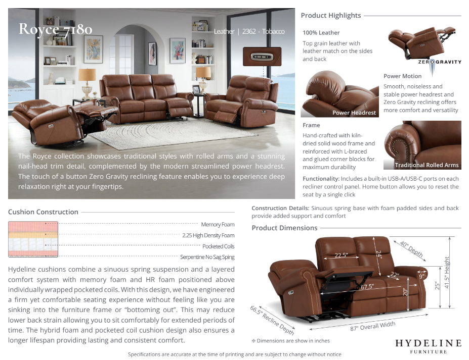 Royce Power Headrest Zero Gravity Reclining Sofa, Pecan Brown