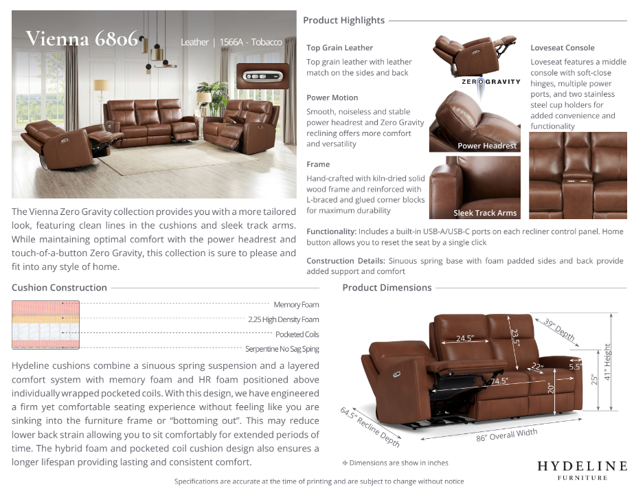 Vienna Power Headrest Zero Gravity Reclining Sofa Collection, Pecan Brown