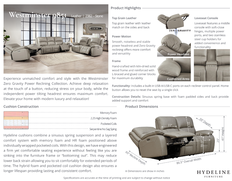 Westminster Power Headrest Zero Gravity Reclining Sofa with Console Collection, Stone